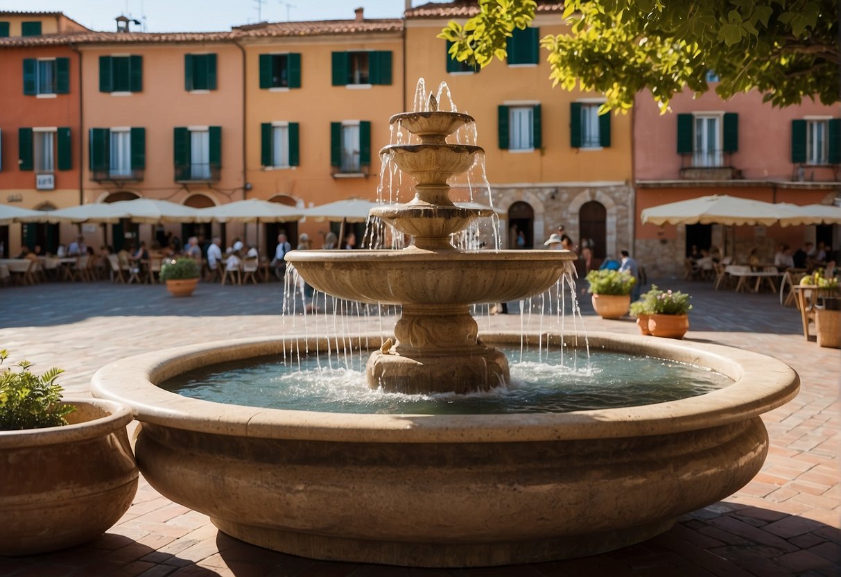 The main square of Portoferraio, Elba's capital, bustling with colorful buildings, outdoor cafes, and a historic fountain