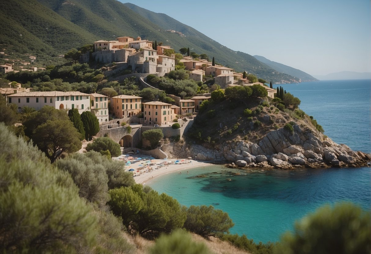 Lush green mountains and crystal-clear blue waters of Elba's coastline, with ancient ruins and charming villages dotting the landscape