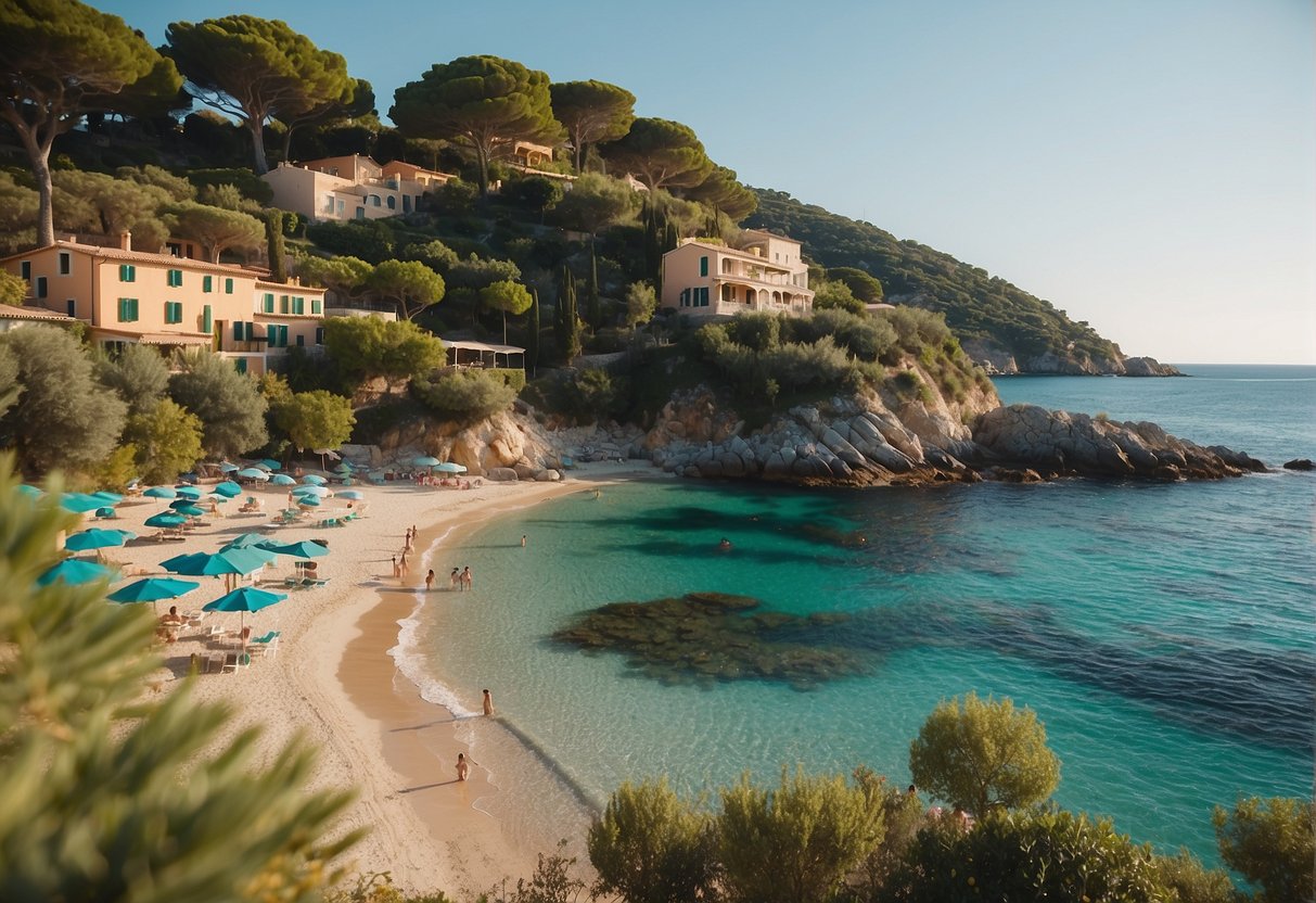 A vibrant beach scene on Elba Island with crystal-clear waters, colorful umbrellas, and lush greenery lining the shore