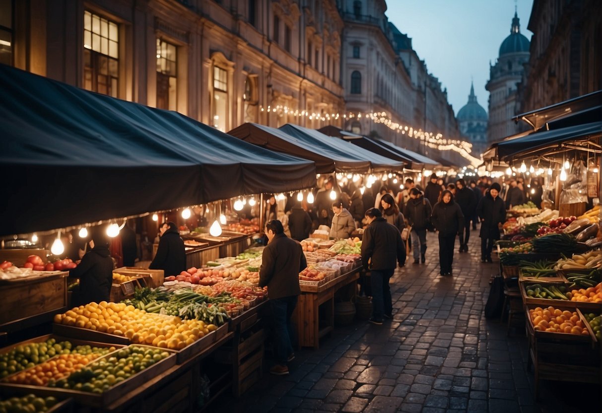 A bustling street market with colorful food stalls and lively music, surrounded by historic buildings and twinkling lights