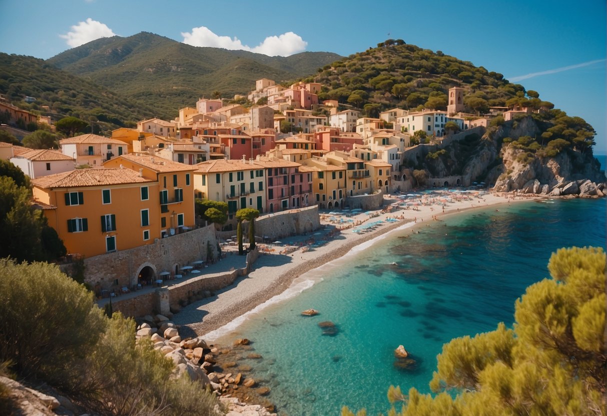 Vibrant village with colorful buildings and cobblestone streets. Towering cliffs and crystal-clear waters surround the island of Elba