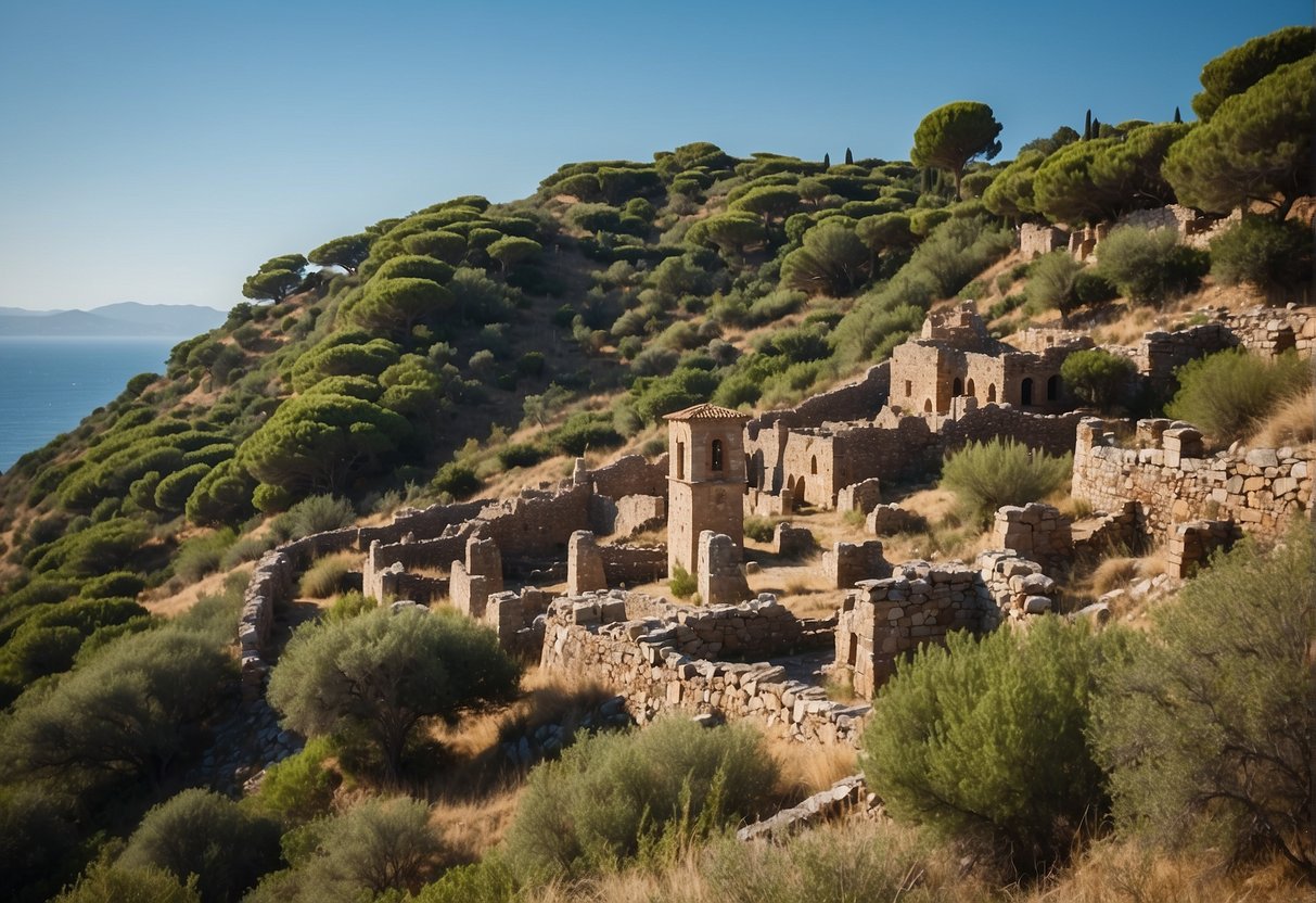Ancient ruins and historical landmarks on Elba Island, with a backdrop of lush greenery and a clear blue sky
