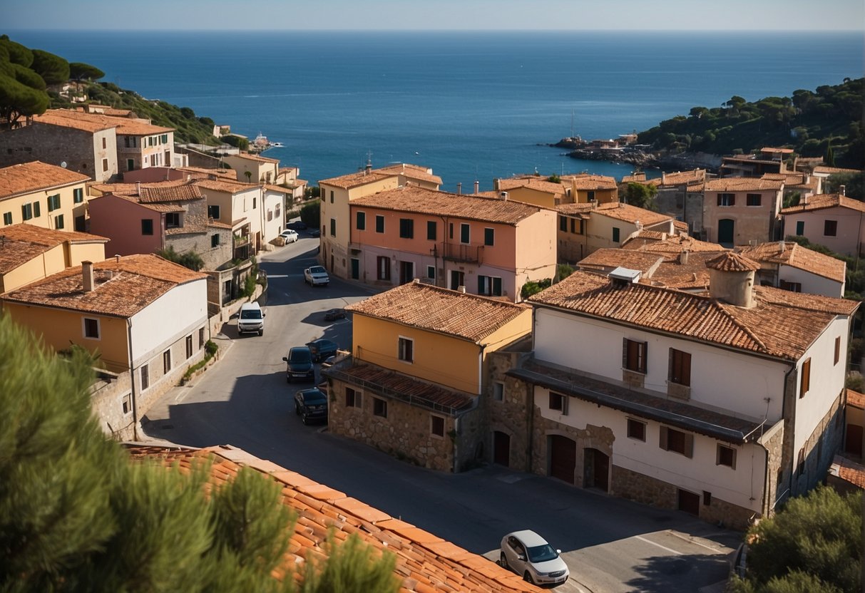 The scene shows a transition to modern times on the island of Elba, with industrial buildings and advanced technology replacing traditional structures