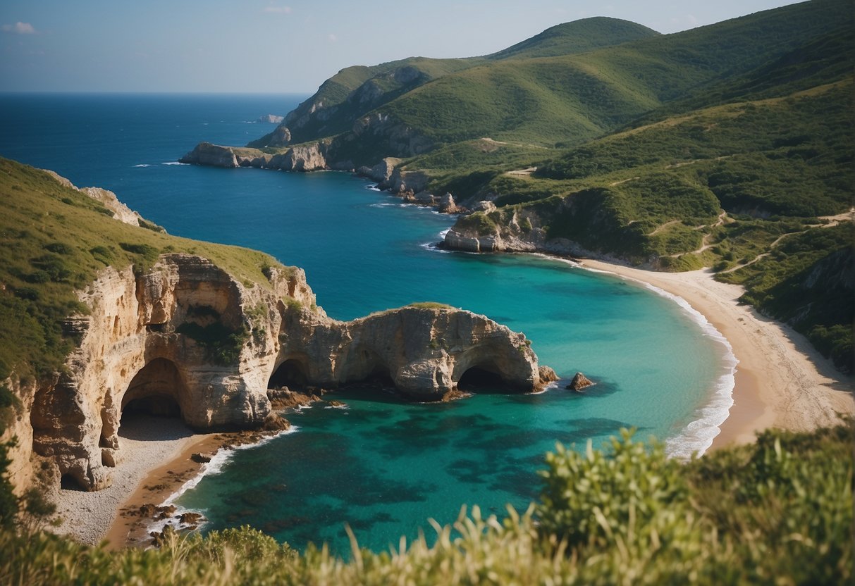 A rugged coastline with ancient ruins scattered along the shore, surrounded by crystal-clear waters and lush green hills