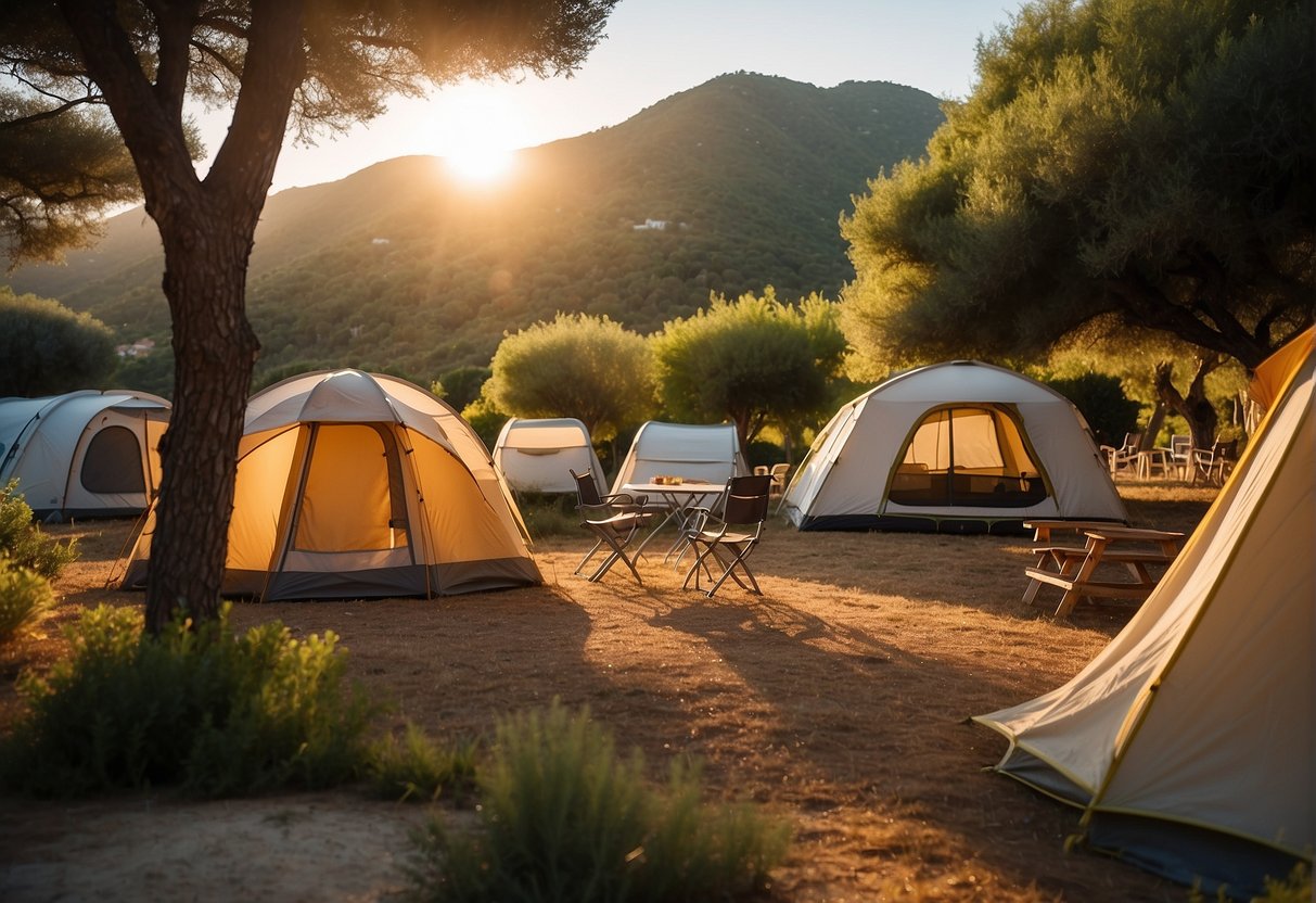 A serene campsite nestled in the lush greenery of Valle Santa Maria on the island of Elba. The sun sets behind the mountains, casting a warm glow over the peaceful campground