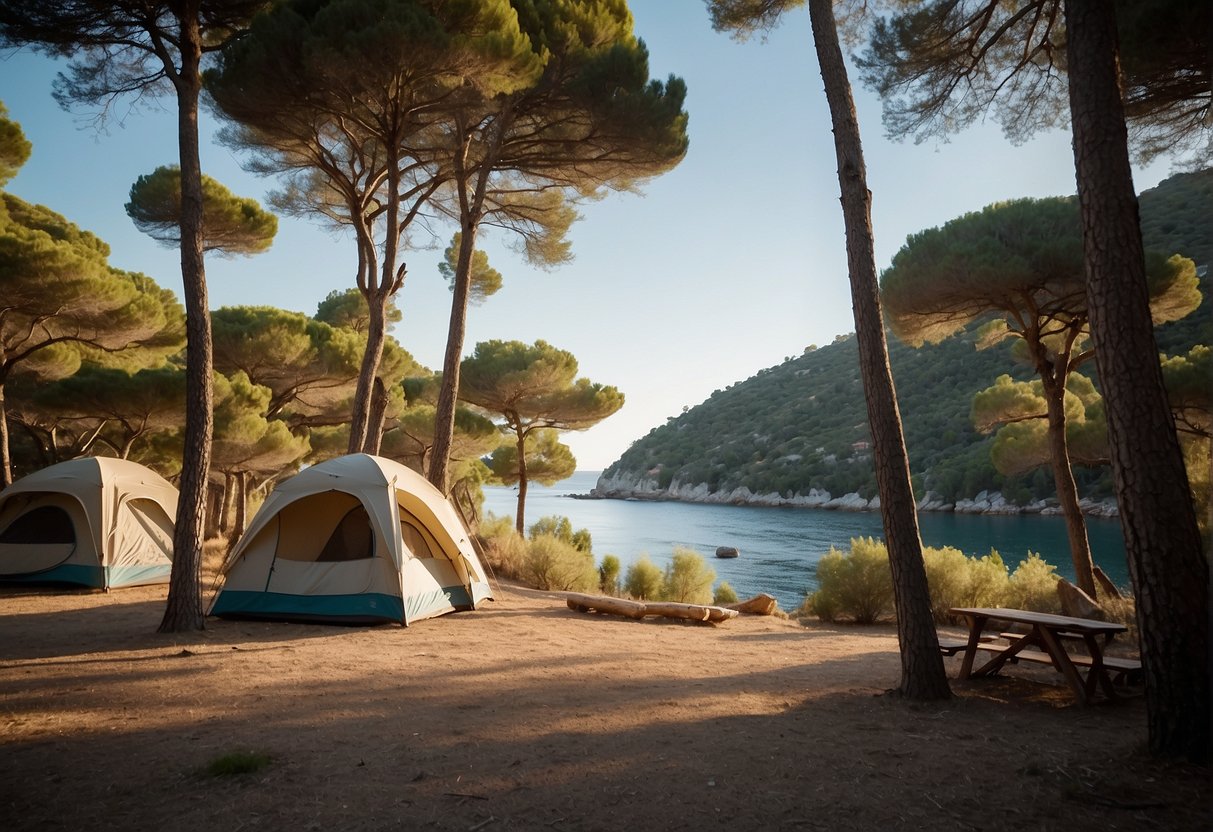 A serene campsite nestled amongst tall trees on the island of Elba, with cozy tents and a crackling campfire