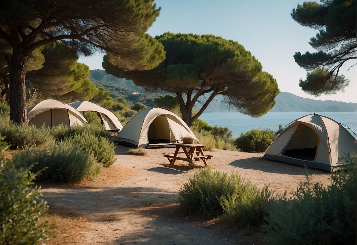 A serene campsite on Elba with tents, campfires, and lush greenery by the sea