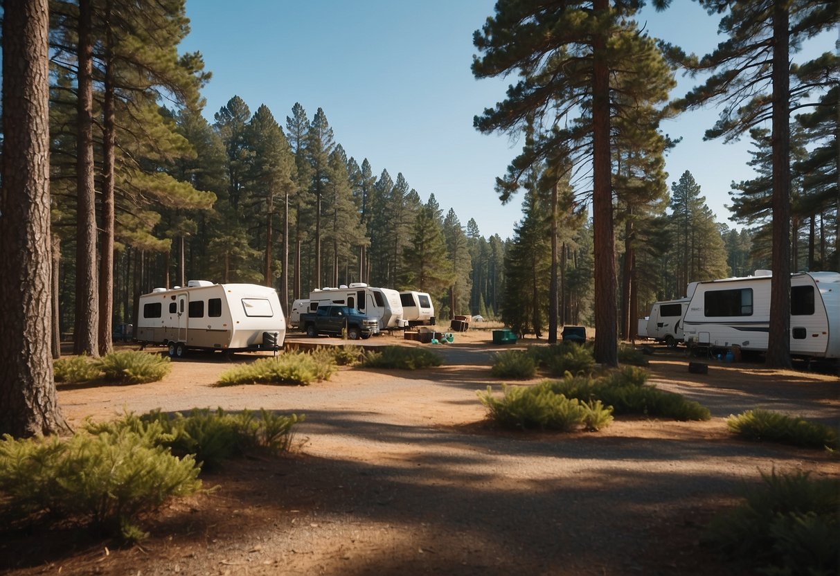 A serene forest campground with tents and RVs nestled among tall pine trees, with a clear blue sky and a distant view of the ocean
