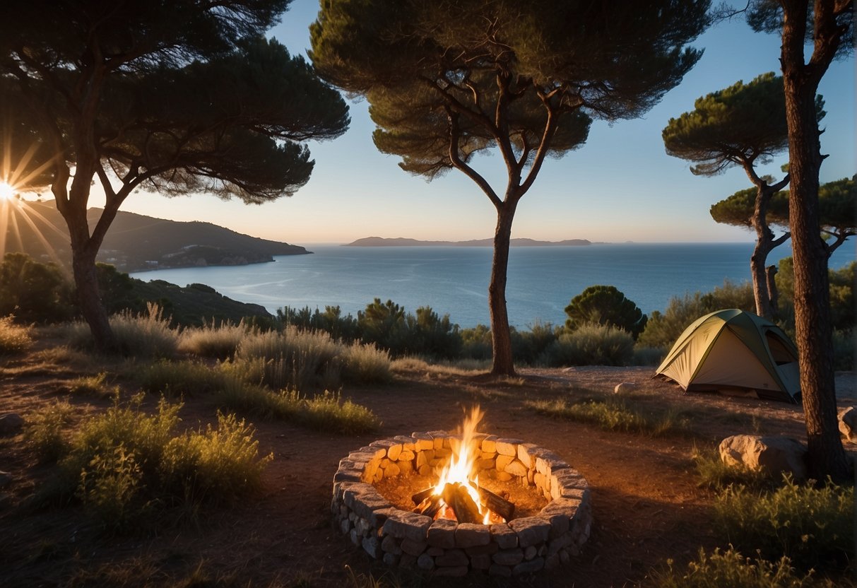 A serene campsite nestled among lush meadows and towering trees on the island of Elba. A cozy tent sits beside a crackling campfire, with the shimmering waters of the Mediterranean in the distance