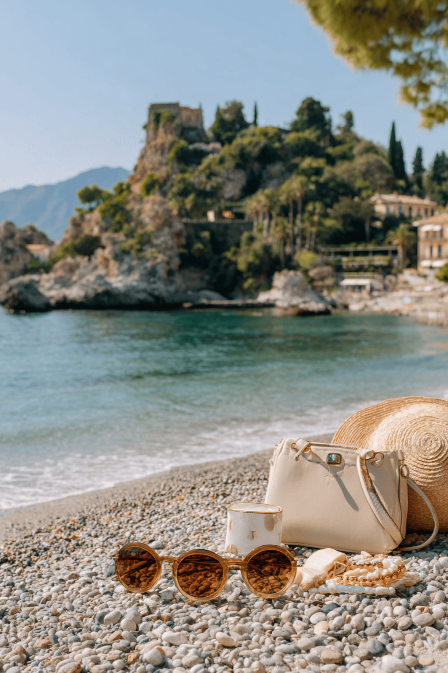 Accessoires am Kieselstrand mit Blick auf Isola Bella und Küstenlandschaft
